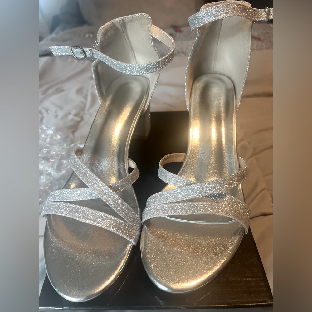 Silver Glitter block 2” heel ankle strap sandals